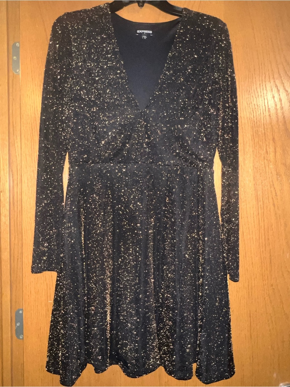 Express Black Long-Sleeve Glitter Wrap Dress
